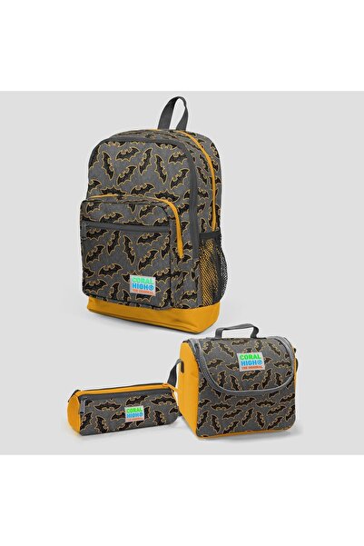 Coral High Kids Dark Gray Mustard Bat Patterned Four Compartment School Backp...