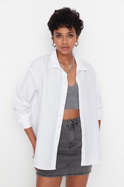 Trendyol Collection Fehér laza szabású pamut szőtt ing TWOAW20GO0107