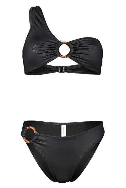 Transacoustic Siyah Asimetrik Tasarım Özel Kumaş Halkalı Şık Bikini Takım