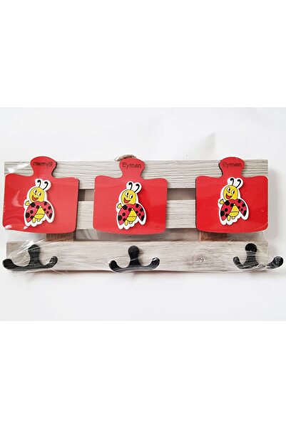 Mahi Max Ahşap El Yapımı 3 Çift Askılı Uğur Böceği Dekorlu Duvar Askısı - Anahtarlık & Banyo - Mutfak Askısı