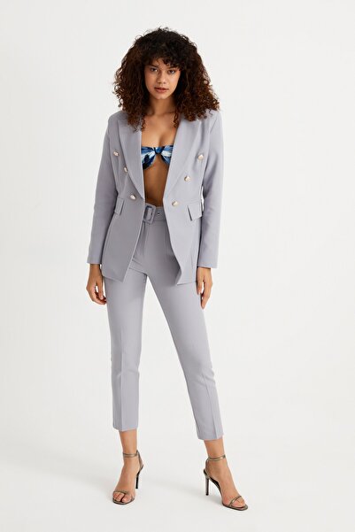 Genel Markalar Düğmeli Sahte Cepli Blazer Ceket Boru Paça Kemerli Cepli Esnek...