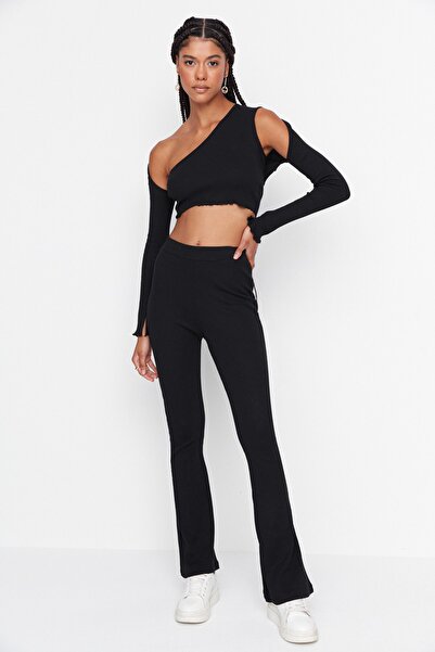 Trendyol Collection Černá Asymetrická šňůrová pletená vrchní a spodní sada TWOAW23AU00058