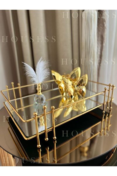 Housess Rectangular Gold Tray with Marbles, Set of 2 Gold Butterflies and Gold Feathers Decorative Ornament