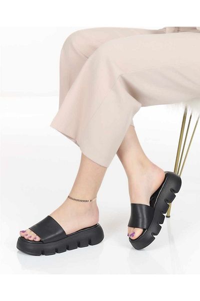 Afilli Papuci sport casual pentru femei, negru, cu o singură bandă, cu platformă groasă, cu talpă deschisă în față, pantofi de vară