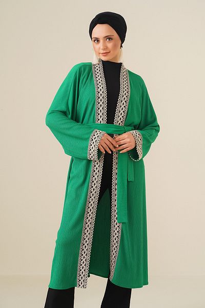 Bigdart 5865 Embroidered Knitted Long Kimono - Green