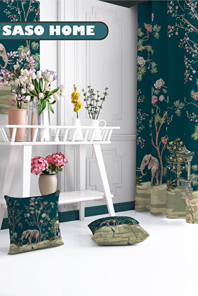 SasoHome Turquoise Elephant And Roses Pattern 140 X 270 Cm Digital Printed Background Curtain (Single Wing)