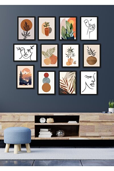 NT Handmade 12li Siyah Çerçeve Görünümlü Bohem Yüzler Duvar Dekoru Salon Oturma Yatak Odası Için Tablo Seti