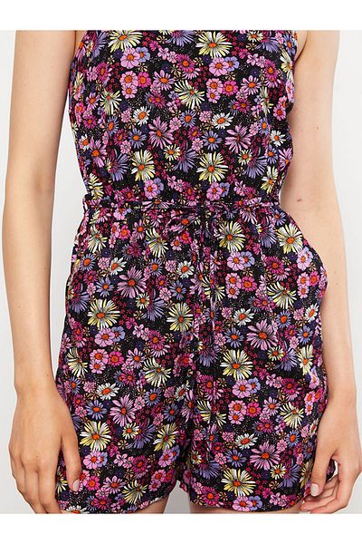LC Waikiki Lässiger ärmelloser Damen-Overall aus Viskose mit quadratischem Ausschnitt und Blumenmuster