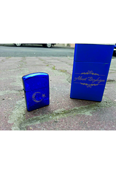 sengahenk Kişiye Özel Metal Sigara Kutusu Ve Zippo Çakmak Mavi Set