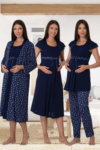 by İGP Effortt Kadın Lacivert Hamile Lohusa Sabahlıklı Gecelik Ve Pijama Takı...