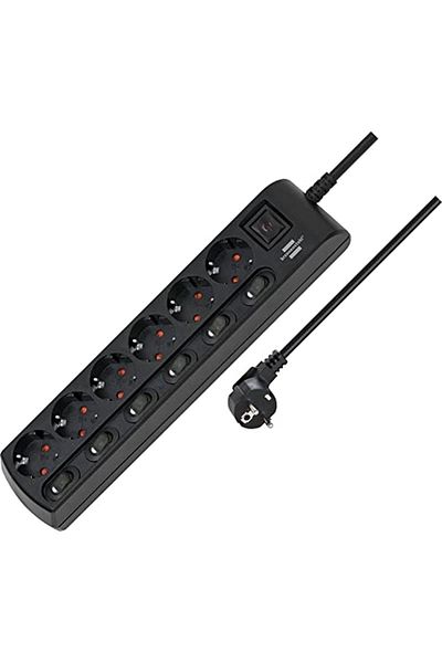 Brennenstuhl 6 مقابس قطاع الطاقة مع 6 مفاتيح 2 متر أسود موديل جديد 542167
