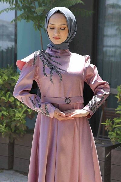 Modamihram Stoned Burnt Patterned Evening Dress, Dusty Rose