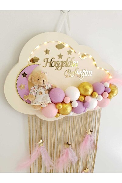 HD Different Kapı Süsü Ledli Bubble Ayıcıklı Ahşap Bulut Pano