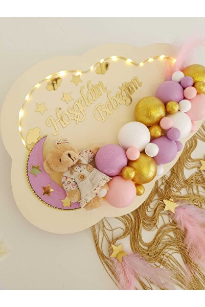 HD Different Kapı Süsü Ledli Bubble Ayıcıklı Ahşap Bulut Pano