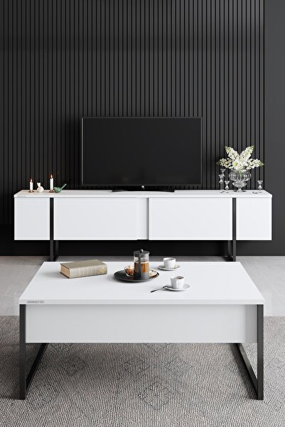 Modatte Luxe Siyah Demir Ayaklı Beyaz Tv Sehpası Tv Ünitesi_tymd253