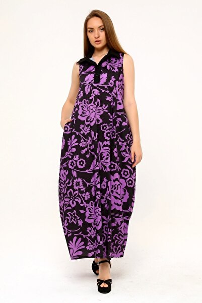 DISENTIS MODEST Сорочка з коміром, плісирована під грудьми, з боковими кишенями, з квітковим візерунком, довга, лілова сукня