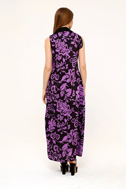 DISENTIS MODEST Сорочка з коміром, плісирована під грудьми, з боковими кишенями, з квітковим візерунком, довга, лілова сукня