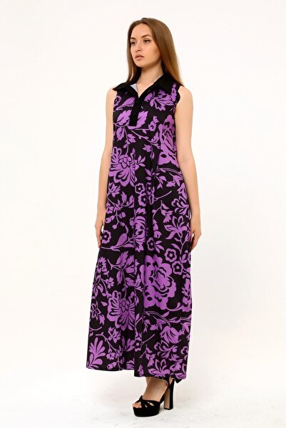 DISENTIS MODEST Сорочка з коміром, плісирована під грудьми, з боковими кишенями, з квітковим візерунком, довга, лілова сукня