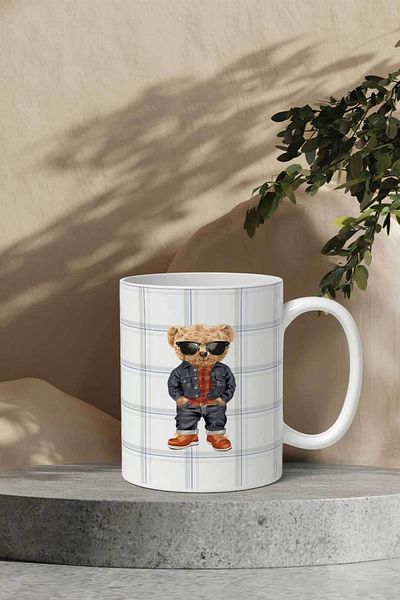 Gizeo Concept Blue and White Checkered Cool Teddy Patterned Mug