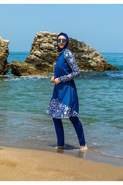 Elif Okur Full Covered Micro Hijab Swimsuit Indigo 7501