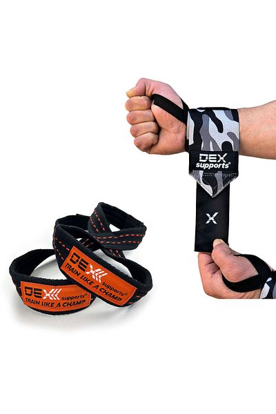 Dex Supports Lasting Energy 8 Loop Lifting Straps + Dark Tone Camouflage Wrist Wraps Set of 2