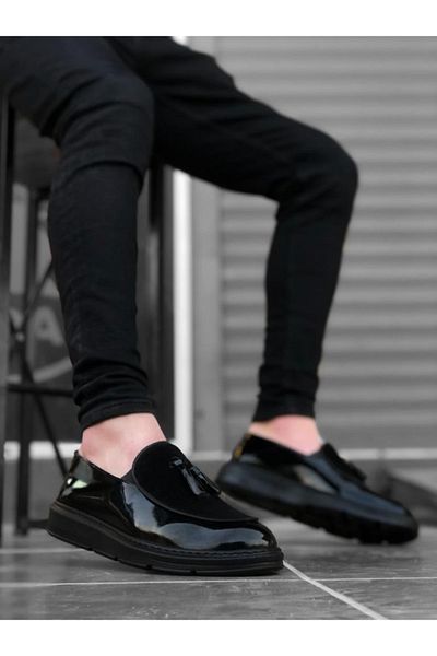 BPM BA0005 - Black Suede Detailed Corcik Men's Shoes with High Sole and Tassels