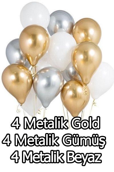 Parti dolabı Pack of 12 Metallic Pearlescent 4 Gold - 4 Silver Gray - 4 White Balloons, Flying with Helium