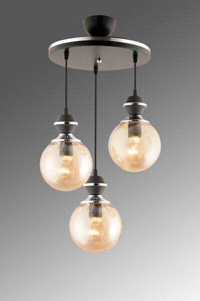 Genel Markalar Berru 3lü Tepsi Siyaha Krom Bal Yuvarlak Camlı Modern Salon Avizesi