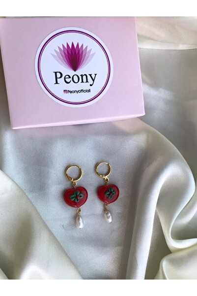PEONY peonyofficiall Kırmızı Kalp Cam Murano Küpe Gerçek Tatlı Su Inci Detaylı Altın Kaplama