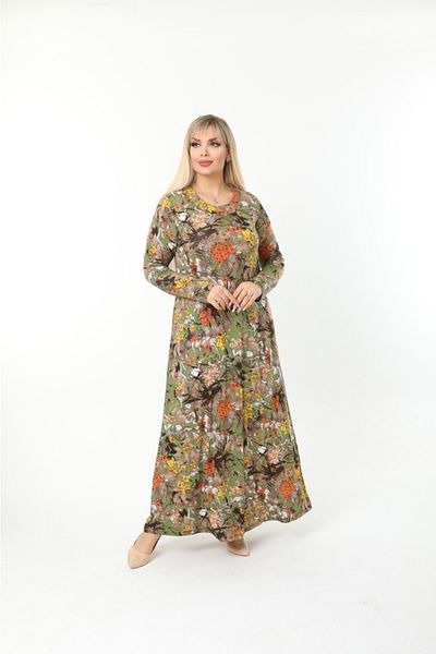 Mami Plus Size Long Sleeve Long Viscose Combed Cotton Dress