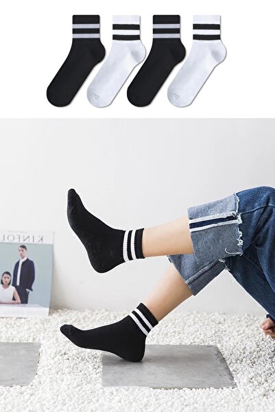 Chie Collection Set de 4 șosete de tenis unisex alb-negru cu model circular