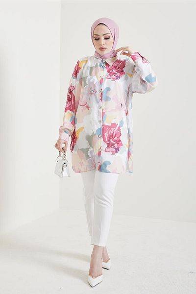 benguen 8880 Patterned Hijab Shirt Dusty Rose