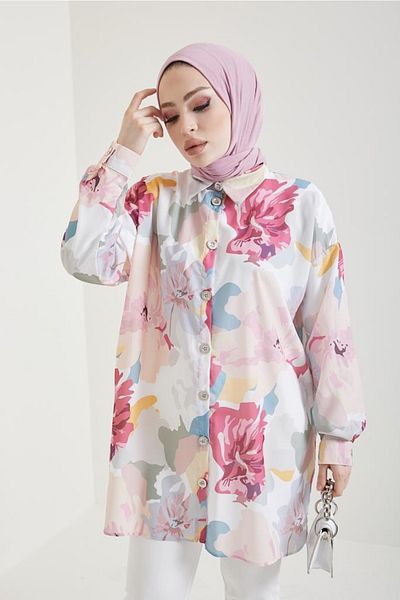 benguen 8880 Patterned Hijab Shirt Dusty Rose