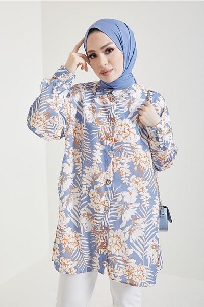 benguen 8880 Cămașă Hijab cu Motiv Albastru