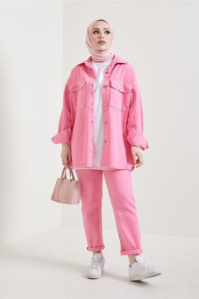 benguen 8175 Jacket Trousers Hijab Double Denim Suit Pink