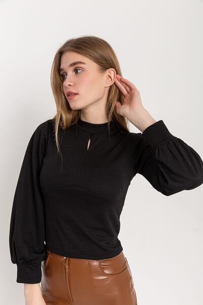 HAKKE Drop Front Balloon Sleeve Crepe Blouse
