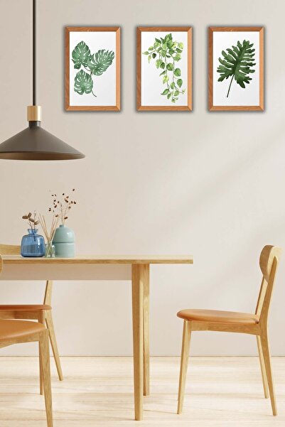 Conceptione 3 Parça Bohem Tarzı Yaprak Ahşap Çerçeve Görünümlü Tablo Seti