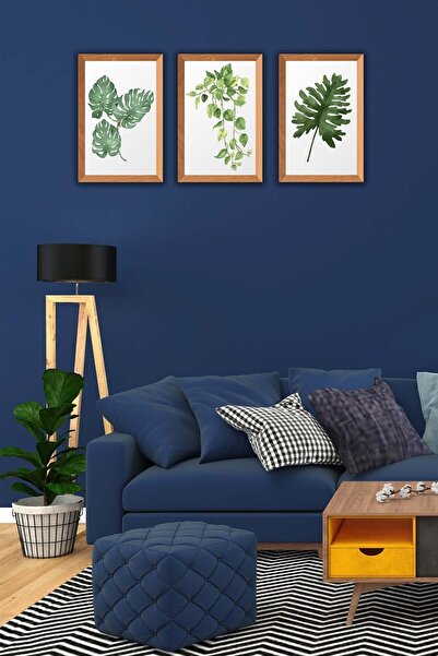 Conceptione 3 Parça Bohem Tarzı Yaprak Ahşap Çerçeve Görünümlü Tablo Seti