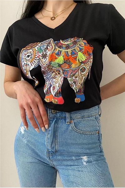 FEMELLE Tricou de damă cu decolteu în V cu model elefant cu ciucuri