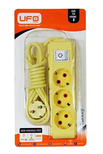 UFO Yigit E Ticaret Akım Korumalı Anahtarlı 1,5 Metre Sarı Renkli Üçlü Priz