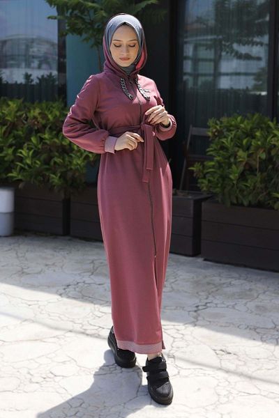 Modamihram Chain Detailed Zippered Abaya Dusty Rose