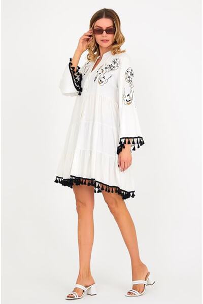 AYASOFYA OTANTIK Γυναικείο Λευκό Φόρεμα με Λεπτομέρειες