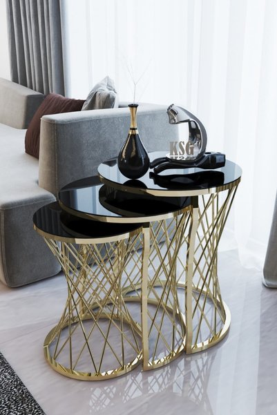 Hane Craft Exclusive Collection Oval Siyah Cam Gold Sarmaşık Ayak 3'lü Sehpa
