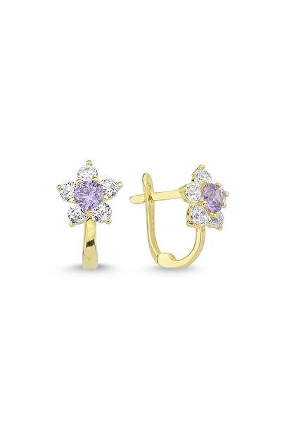 SUDEKAĞAN Altın Mor Taşlı Papatya Bebek Küpesi