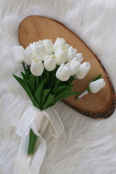 fesleğen çiçek Beyaz Islak Lale Gelin Buketi