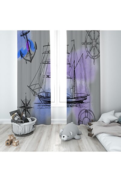 MODA Зовсім інша дитяча кімната Сіра штора з малюнком корабля Bmfp-036