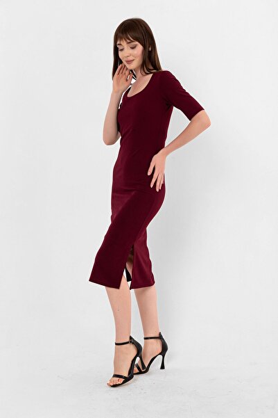 Laranor Бордовий балериновий комір з розрізом, крепове плаття-футляр