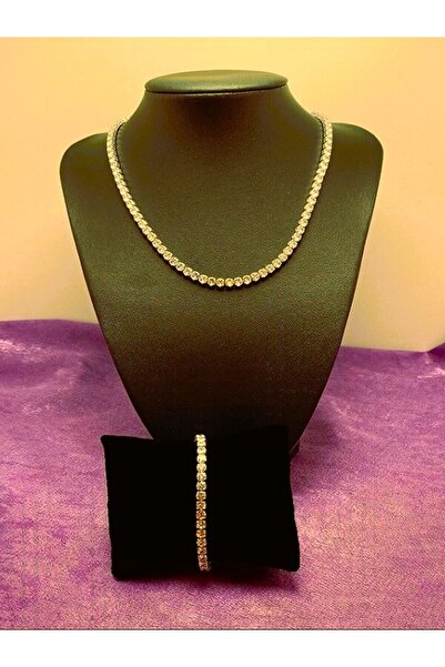 Classy Kadın Gold Rengi 2.5mm Su Yolu Zirkon Taşlı Kolye & Bileklik Seti