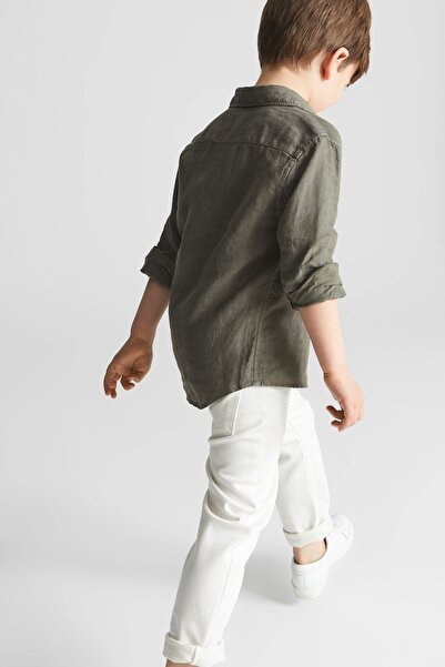 alenmeza Boy's Khaki 100% Linen Modern Fit No Pocket Shirt