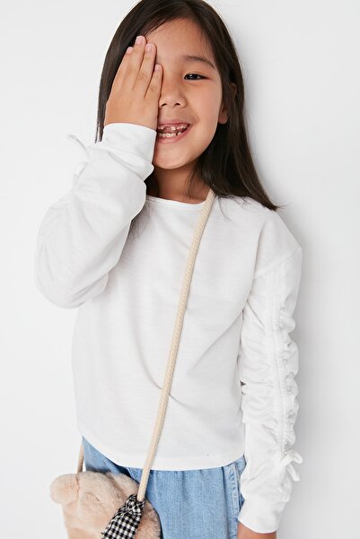 TRENDYOLKIDS Pletená mikina Ecru Sleeve Gathered Crew Neck